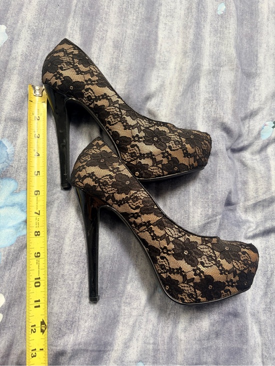 Shoe Dazzle Shoes - Shoe Dazzle Black Lace over Nude Platform Stiletto Heels